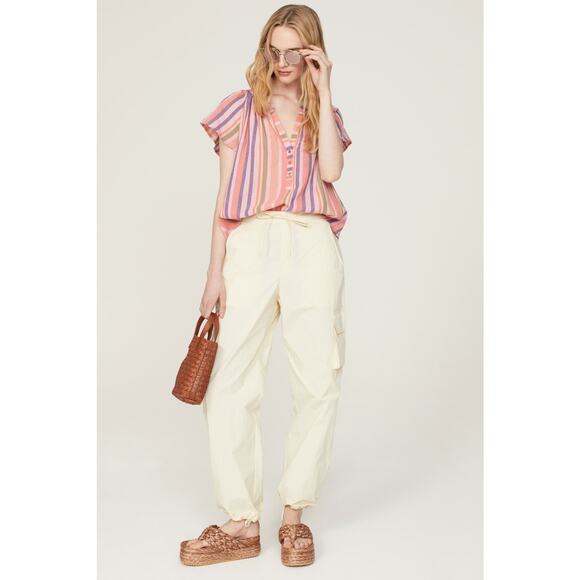 XíRENA Striped Pattern Short sleeves Split Neck Button‎ Front Kimber Top Size L - Picture 3 of 9